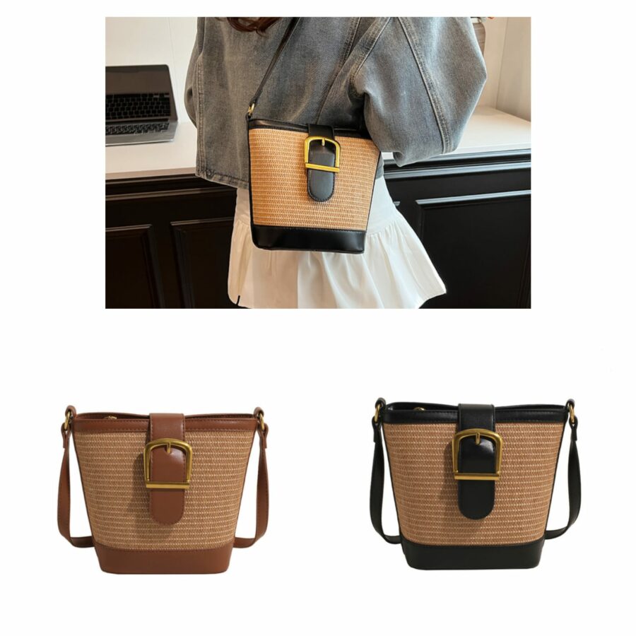 Buckle Straw Bucket Bag