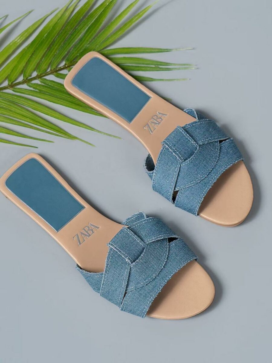 Denim Flat crossed slides